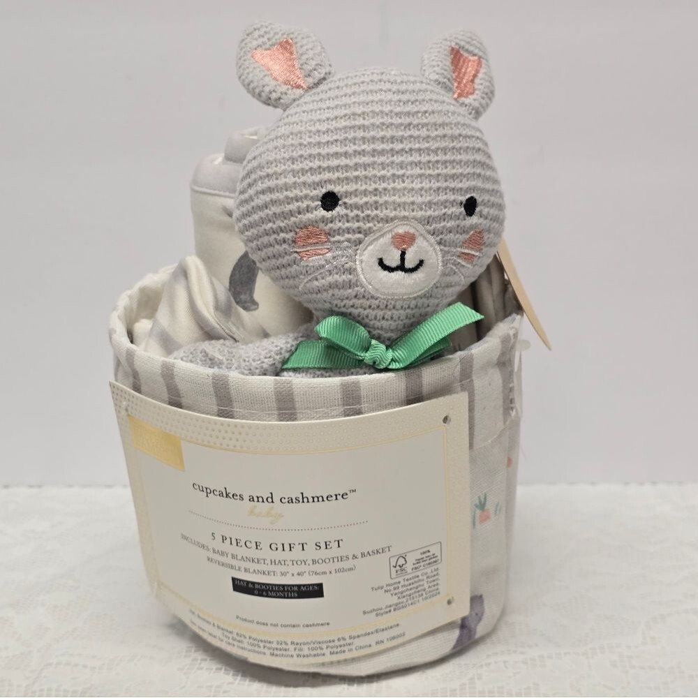 Cupcakes & Cashmere Bunny Rabbit Gift Set Blanket Basket Toy Hat Booties NWT